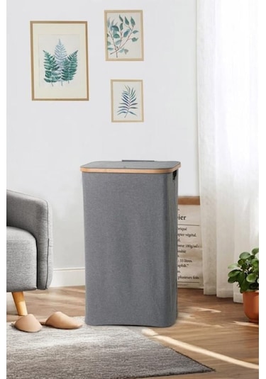 Mien Bambu Kenarlı Kumaş Katlanabilir 100 Lt Çamaşır Sepeti 44x33x70 Gri