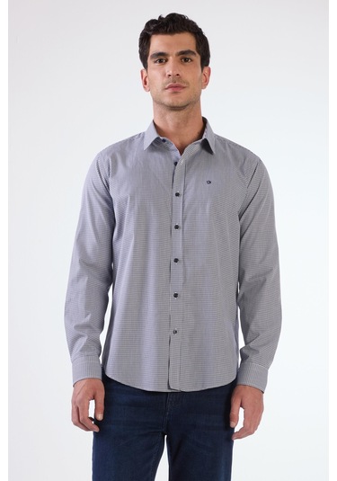 Lacivert Pamuklu Kare Desen Regular Fit Erkek Gömlek Lacivert