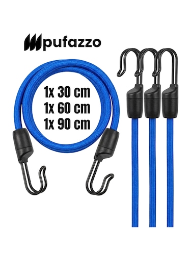 Pufazzo Kancalı Bagaj Lastiği 3 Adet - Bagaj Gergi Lastiği Mavi 30-60-90cm 3 Adet