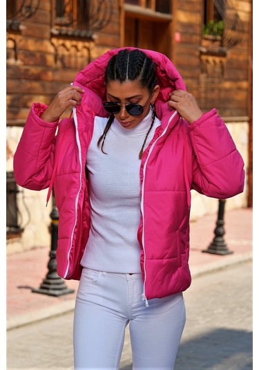 Kadın Fuşya Su Geçirmez Kapüşonlu Şişme Mont