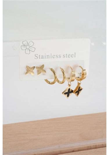 Kadın 316 L Paslanmaz Çelik Kararmaz 6'lı Küpe Seti-5394 Altın