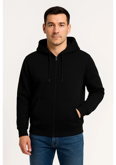 Erkek Üç İplik Kapüşonlu Tam Fermuarlı Kanguru Çepli Sweatshirt Hoodie - Siyah Siyah