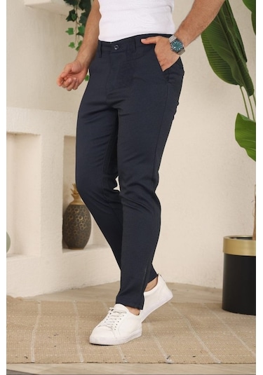 Erkek Casual Slim Fit Cord Desenli Kumaş Pantolon Lacivert