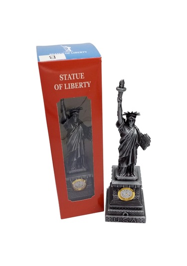 Metal Saatli Özgürlük Heykeli Gümüş Vintage Dekor Usa 25cm