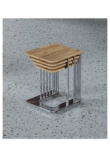 Tekerlekli Gümüş Ayaklı 4 Lü Zigon Sehpa Takımı, Yan Sehpa, Çay Sehpası Servis Sehpası - Kahverengi Kahverengi