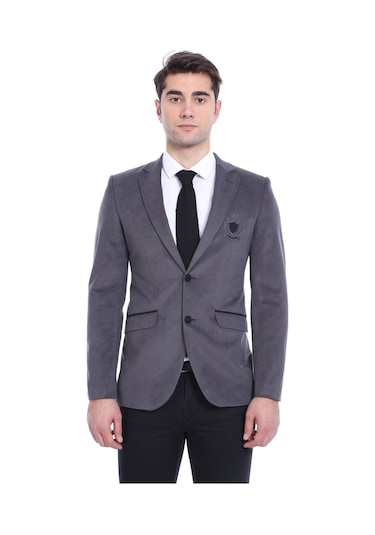 Wessi Kareli Kapaklı Cepli Arma Detaylı Kadife Füme Gri Erkek Ceket - Wessi Füme - Gri
