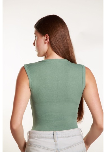Kadın Fitilli Likralı Sıfır Kol Bisiklet Yaka Örme Atlet Tshirt Bluz Çağla Yeşili