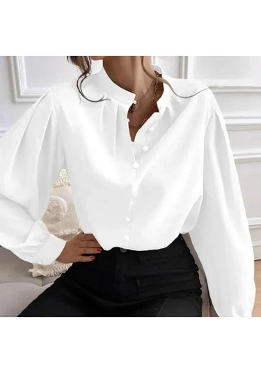 Yarım Açık Yaka Bluz 2023 Sonbahar Gömlek Kadın Düz Renk Gevşek Uzun Fener Kollu Zarif Giysiler Blusas Tops 29732 Beyaz