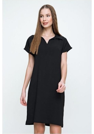 Kadın Bol Kesim Polo Yaka Kısa Kollu Günlük Kısa Midi Elbise Dizüstü 2883200 Siyah