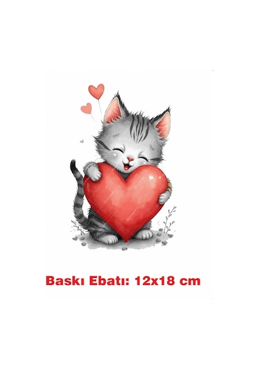 Sevimli Kedi Ve Kalp Ütü İle Yapışan Tekstil Kumaş Tişört Dtf Baskı 3471