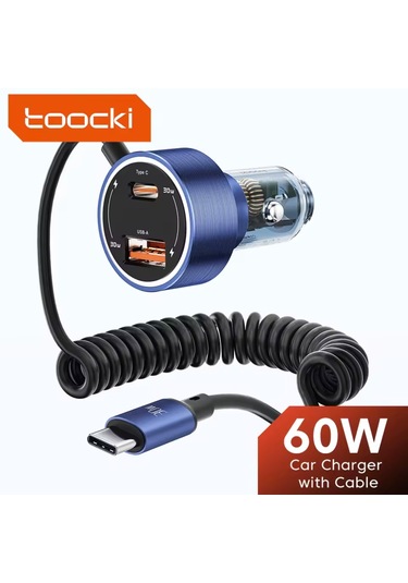 Toocki 60w Yaylı Şarj Kablolu 3 Girişli Type-c Ve Usb Hızlı