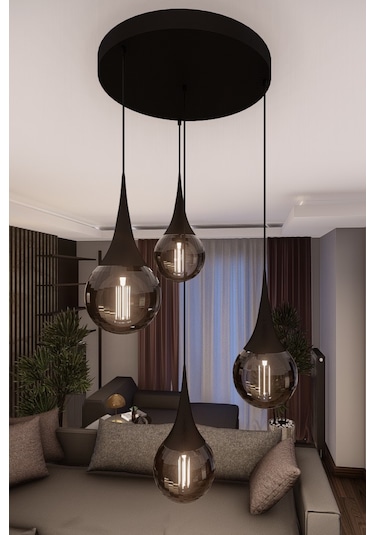 Liora Modern Siyah Metal Avize - Beyaz Cam, 4'lü Sarkıt, E27 Duy