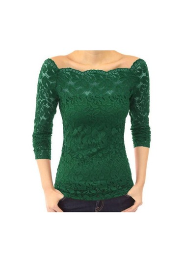 Kadın Üstler Eğik Yaka Uzun Kollu Dantel Gömlek Oyuk Dantel Eklemeli Düz Renk Dar Kesim Nakış Dantel Çiçekli Üstler Koyu Yeşil