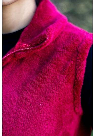 Kadın Bordo Kırmızı Dik Yaka Kalın Peluş Fermuarlı Yelek 24kylkk215 001