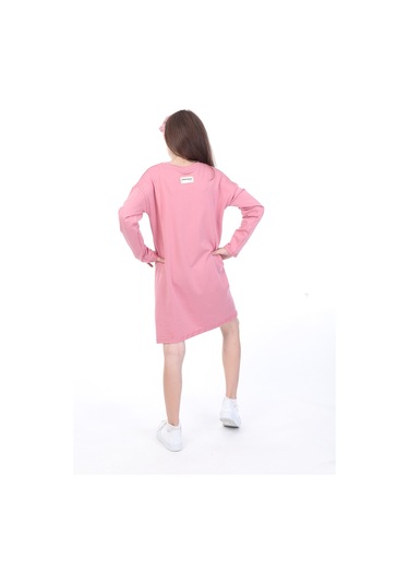 Toontoy Kız Çocuk Bisiklet Yaka Düşük Kol Yazı Baskılı Elbise Gülkurusu