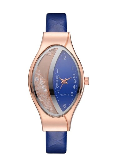 Mavi Zarif Kadın Kristal Rhinestone Oval Kadran Kuvars Bilek Saatleri Bayan Deri Kayış Gündelik Saat
