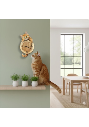 Cajuart Kütük Üzerinden Bakan Sarman Kedi Tasarımlı Duvar Saati Modern Dekoratif Saat Kahverengi