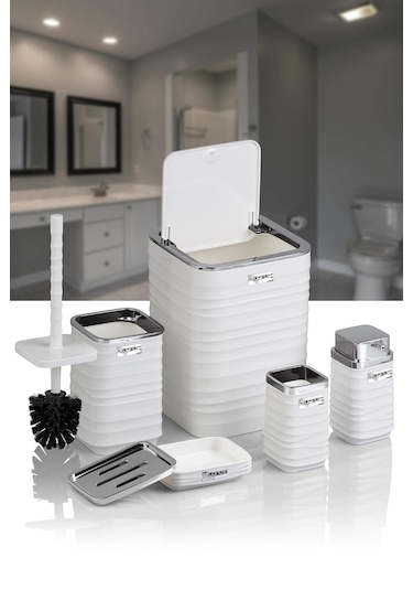 Okyanus Home Luna Beyaz Kromlu Kare 5'li Banyo Seti Beyaz