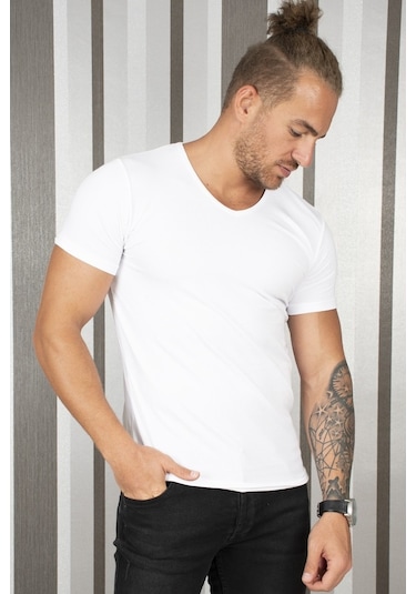 Deepsea Beyaz Dar Kesim Erkek Tişört 1801165-Beyaz