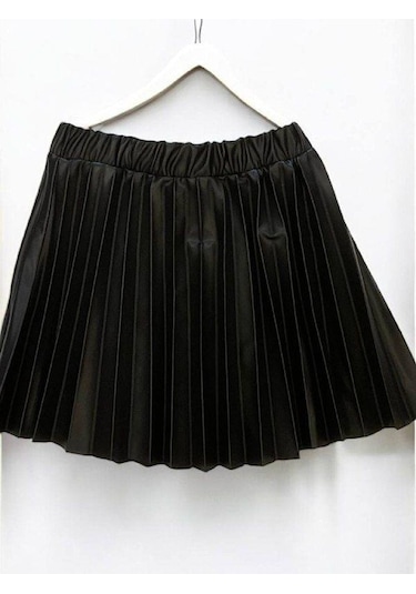 Kız Bebek Pileli Deri Etek-14903 Siyah