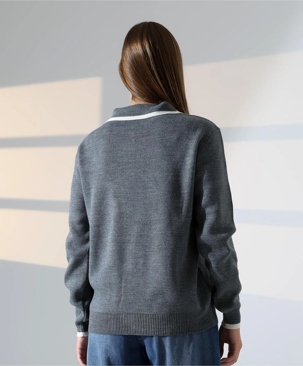 Baklava Desen Polo Yaka Kadın Kazak Antrasit