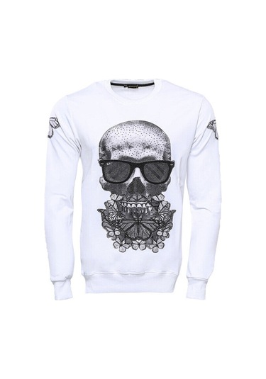Baskılı Beyaz Bisiklet Yaka Sweatshirt - Wessi Siyah