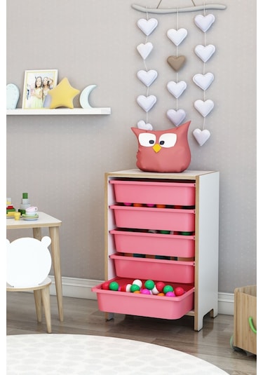 5 Sepetli Çok Amaçlı Oyuncak Dolabı Mdf Pembe Pembe