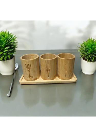 Bambu Altlıklı 3'lü Çatal Kaşık Bıçak Düzenleyici Set 4 Parça Bambu