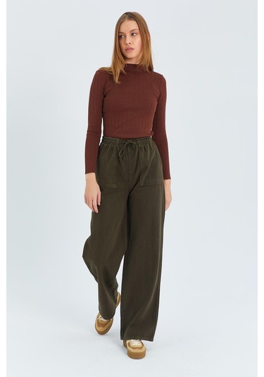 4572 Kadın Parça Boya Palazzo Pantolon Haki Haki