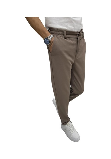 Wooking Erkek Pantolon Beli Lastikli Slim Fit Esnek Likralı Basic Pamuklu Jogger TOPRAK