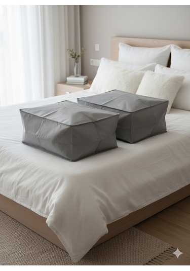 2'li Gri Büyük Baza Altı & Çekyat Tipi Tela Hurç 65x45x22 Cm Fermuarlı Saklama Ve Düzenleme Hurcu Gri