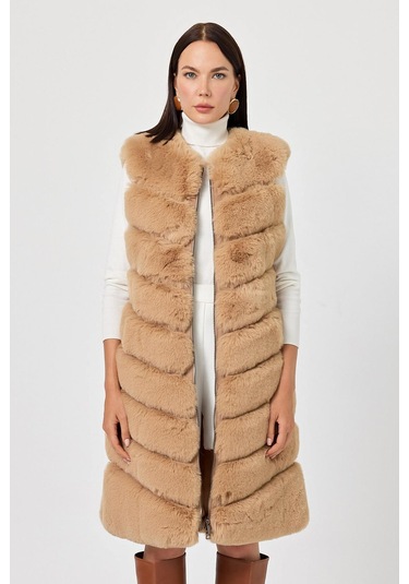 Vittoria Camel Tüylü Uzun Yelek Siyah