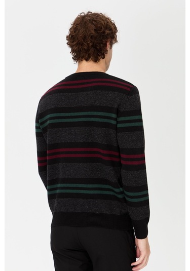 Erkek Sıfır Yaka Renkli Çizgili Klasik Yün Kazak Siyah Siyah