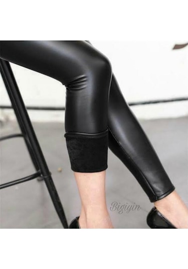 Kadın Siyah İçi Şardonlu Kışlık Suni Deri Peluşlu Tayt SiYAH