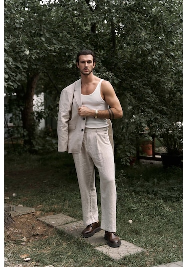 Carlo Naturel Keten Erkek Pantolon Natürel