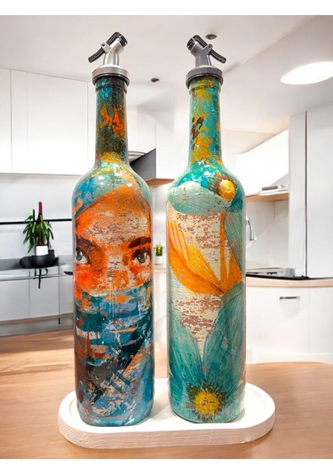 El Yapımı Soyut Kadın Portresi Ve Çiçek Motifli Vintage Yağdanlık Set, Mutfak Sosluk, Sirkelik Yeşil