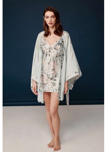 Bonnie&clyde - Kadın Baskılı Saten Gecelik Sabahlık Takımı Baskılı