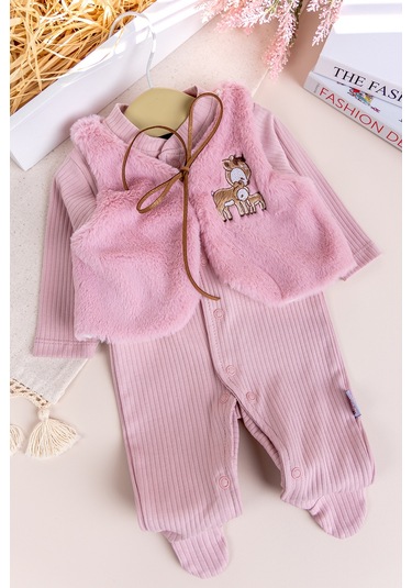 Peluş Yelekli Pamuklu İkili Kız Bebek Tulum Set Gülkurusu