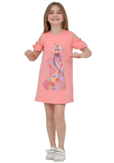 Kız Çocuk Deniz Kızı Desenli Kol Detaylı Yavruağzı Elbise