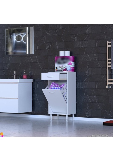 Modilayn Melis 45x88x32,5 Cm Çekmeceli Çamaşır Sepetli Banyo Dolabı Beyaz