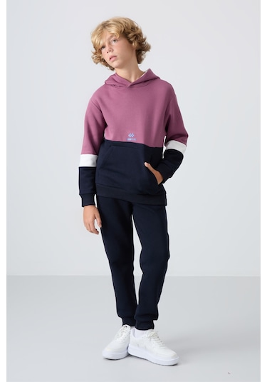 Tommy Life Soft Vişne-lacivert Pamuklu Kalın İçi Tüylü Yumuşak Dokulu Standart Fit Nakışlı Erkek Çocuk Eşofman Kırmızı - Lacivert