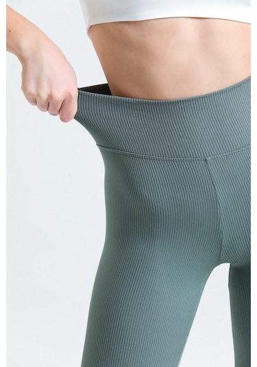 Haki Yüksek Bel Fitilli Toparlayıcı İnterlok Örme Şardonlu Spor Kışlık Tayt Haki