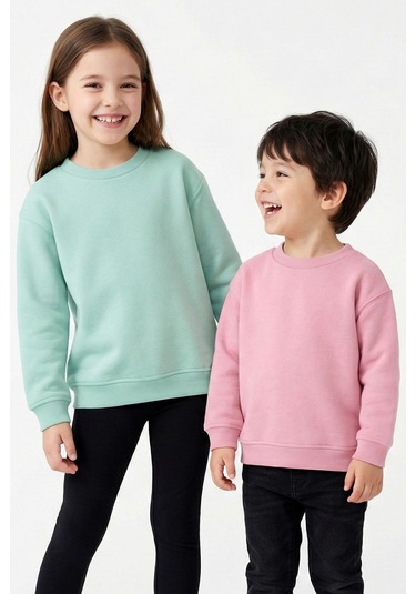 Zuzunga 2'li Basic Şardonlu Çocuk Sweatshirt Su Yeşili - Pudra 9003