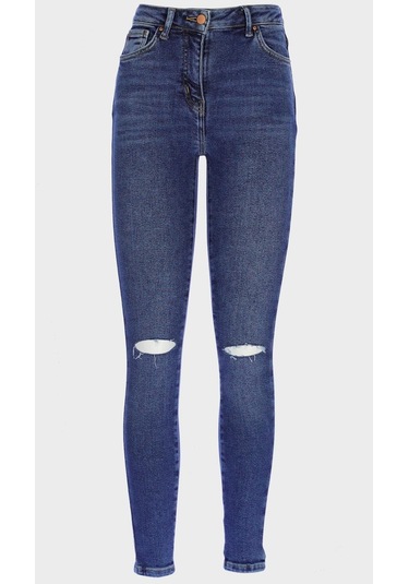 Judy Koyu Mavi Yüksek Bel Dizi Yırtıklı Skinny Jean Pantolon C 4521-195 Koyu Mavi