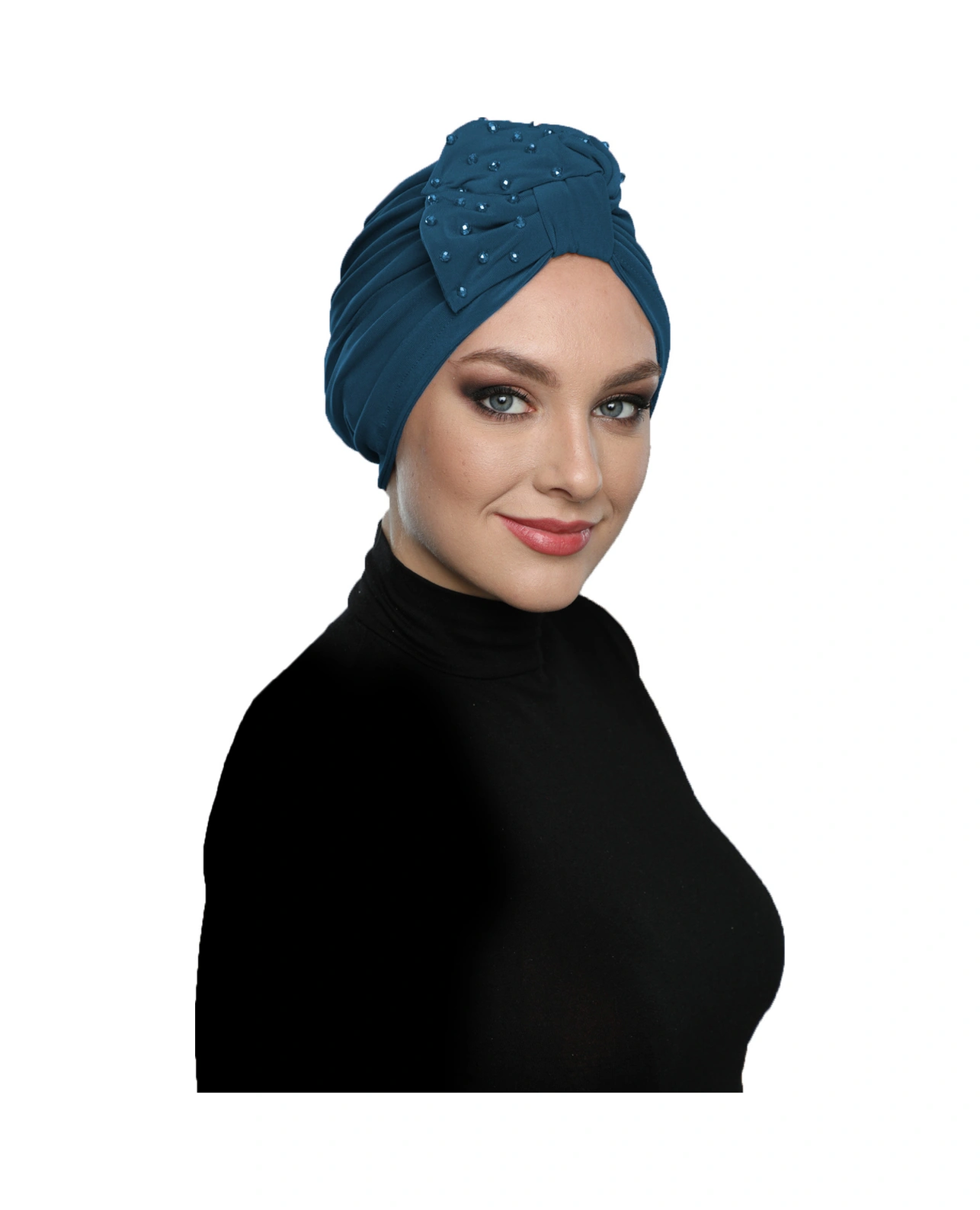 Kristal Yelpaze Taş Işlemeli Çift Taraflı Astarlı Petrol Hazır Türban Tesettür Abiye Bone Petrol