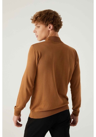 D's Damat Regular Fit Camel Pamuk Karışımlı Yarım Balıkçı Triko Kazak Camel