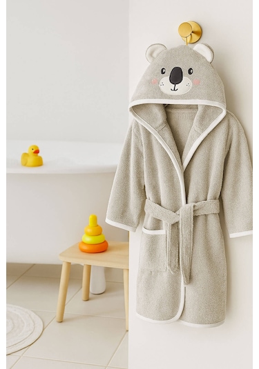 Kapşonlu Hayvan Desenli Çocuk Banyo Deniz Plaj Bornozu %100 Pamuklu Gri