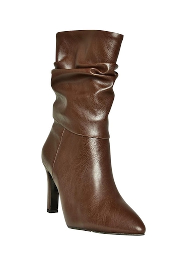 Fox Shoes R404020309 Kahverengi İnce Topuklu Büzgülü Kadın Bot Kahverengi-suni Deri