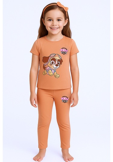 Kız Çocuk Taytlı Takım Saç Bandı Hediyeli Baskılı C64 Somon