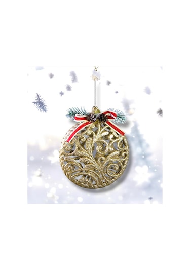 Kıvrımlı Desenli Yuvarlak Yılbaşı Süsü Şampanya 14 Cm